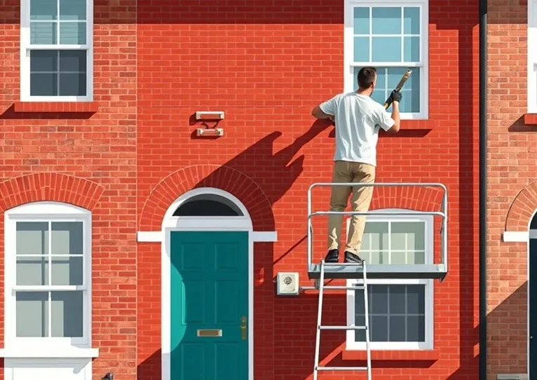 Peintre sur échafaudage traitant la façade d'une maison